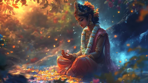 Meditating deity cradles enchanted light in twilight grove.