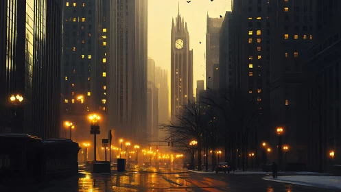 Moody city street leads toward tall clock tower at dusk
