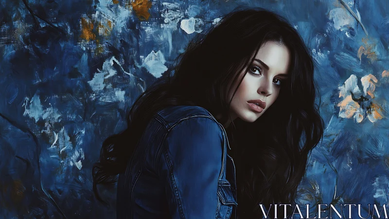 Portrait of woman in denim against abstract blue floral backdrop