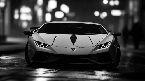 Midnight predator supercar stalks neon-soaked city streets.