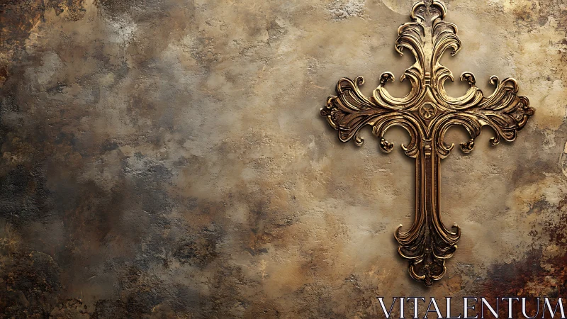 Ornate metallic cross mounted on textured stone wall