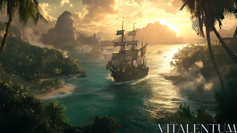 A Majestic Sailing Vessel Explores Tropical Island Shores