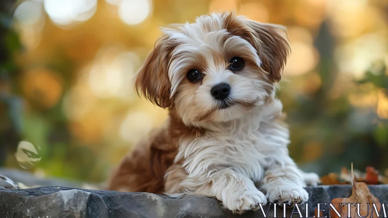 Adorable fluffy puppy rests on stone ledge in autumn glow.