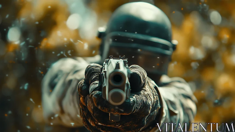 Soldier points handgun directly at camera viewpoint