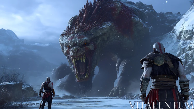 Frostbitten warriors confront colossal mountain-scaled beast.