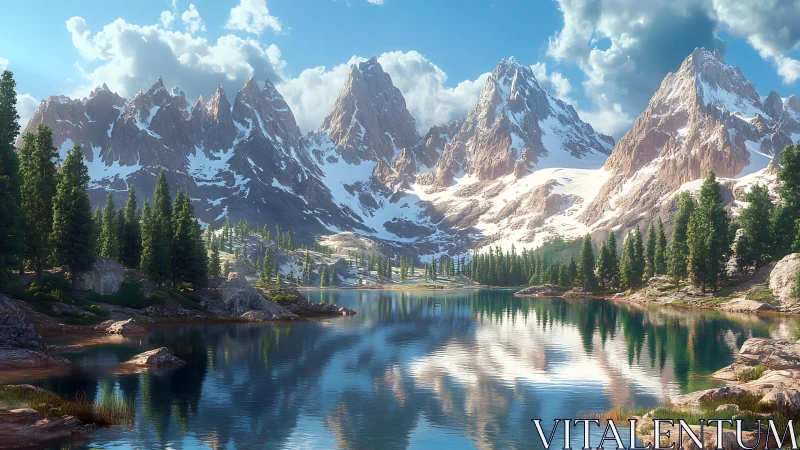 Sunlit peaks mirrored in a quiet alpine forest lake.
