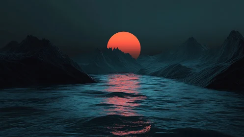 Neon red sun sinks over dark polygonal ocean peaks.