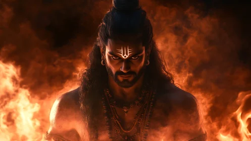 Fiery warrior deity rendered with high contrast volumetric flames