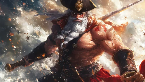 Muscular bearded pirate captain battling stormy sea.