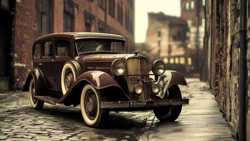 Vintage four-door sedan on wet cobblestone alleyway at dusk.