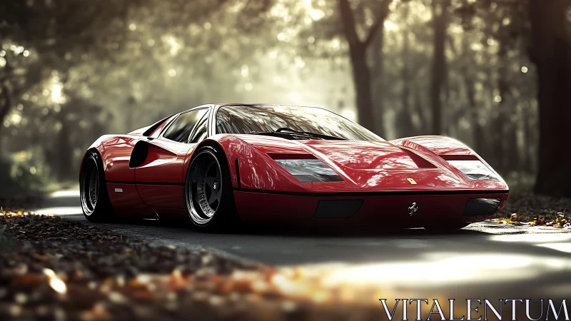 Red sports coup&eacute; on forest road in soft morning light.