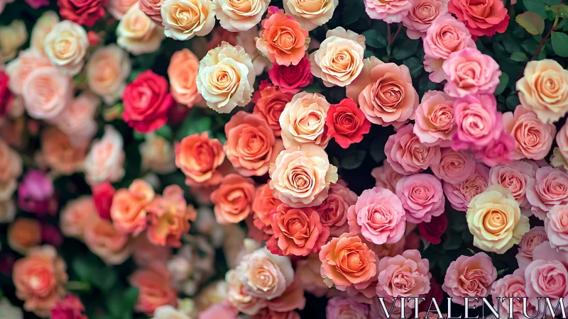 Multicolored Rose Bouquet Overhead Shot Displays Pink Orange Cream Blooms
