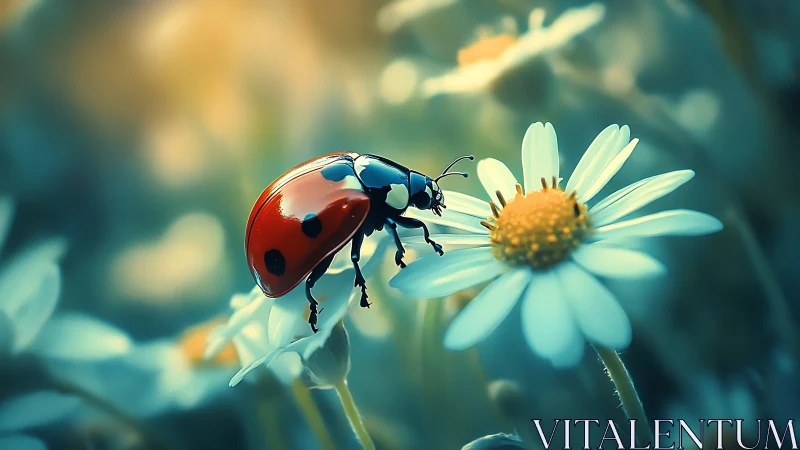 Gentle ladybug resting on a dreamy daisy in soft light.