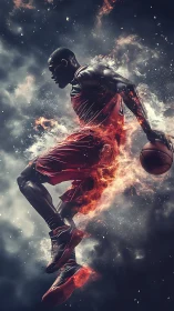 Basketball player in midair with fiery visual effects.
