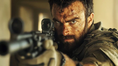 Close-quarters bearded soldier aiming rifle with shallow depth focus