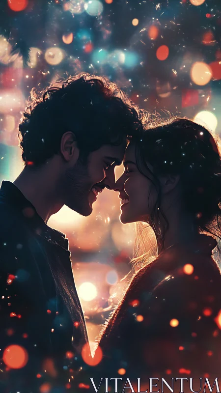 Silhouetted Couple Intimate Moment with Bokeh Light Effect.