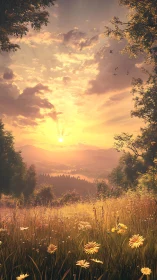 Sunlit meadow landscape with distant hills and cloudy sky.