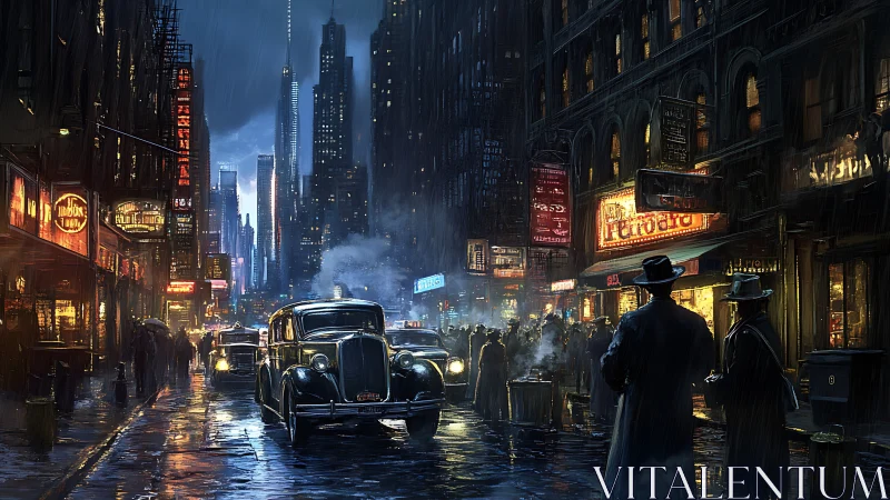 Rainy noir city street alive with neon, taxis, and mystery.