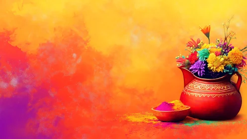 Festival pitcher of wild blooms and spilled rainbow powders.