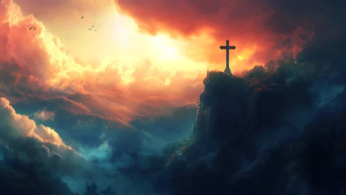 Sunrise blaze crowns a solitary cross above dreaming valley.