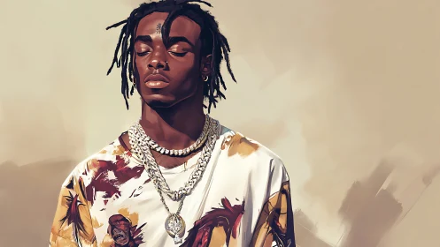 Digital portrait of man in patterned shirt and chains.