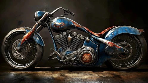 Custom blue chopper motorcycle with vintage patina finish.