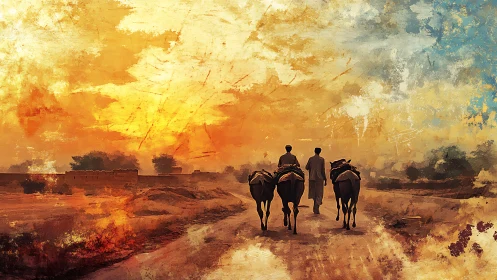 Sunlit rural path with herders walking homeward together.