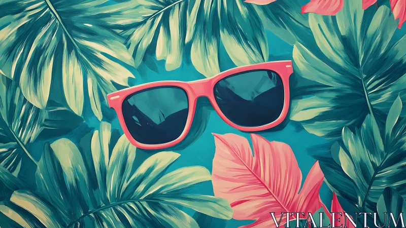 Sun-soaked coral sunglasses hiding in lush tropic leaves.