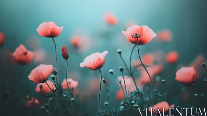 Coral Poppies Dance Through Emerald Dreams.