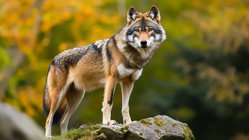 Alert wild wolf stands on mossy rock in autumn forest