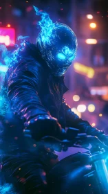 Flaming blue-headed rider on motorcycle in neon city scene.