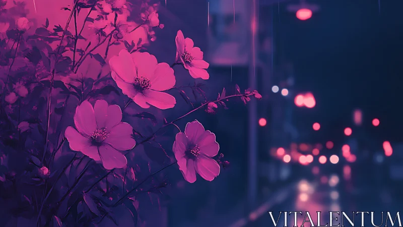Pink roadside flowers against blurred rainy night city lights.