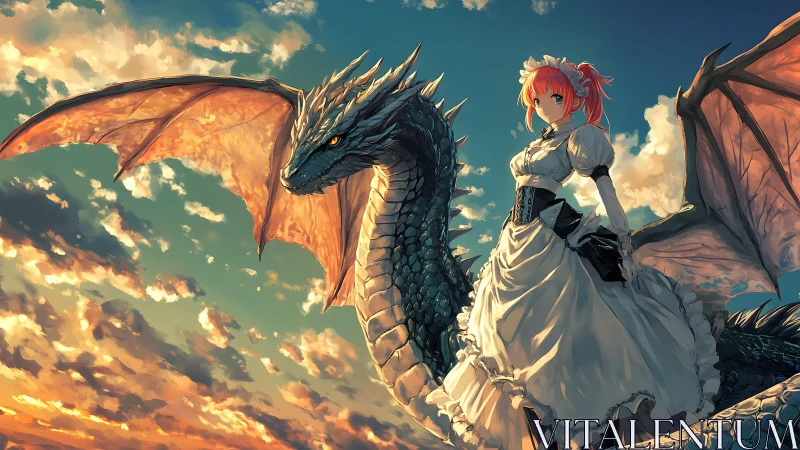 Anime fantasy dragon rider maid under luminous sunset sky.