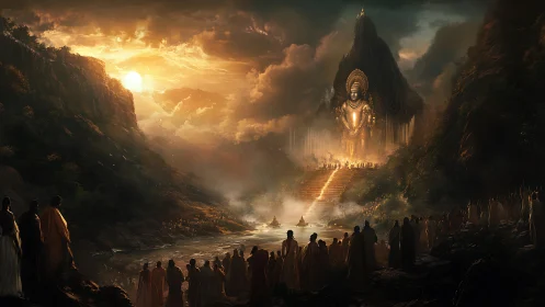 Golden mountain deity illuminated above ritual river procession