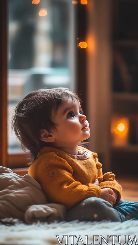Gilded Wonder: Child Gazes Beyond the Amber-Lit Window.