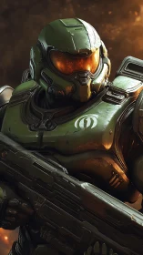 Armored sci fi soldier stands ready in fiery battlefield glow