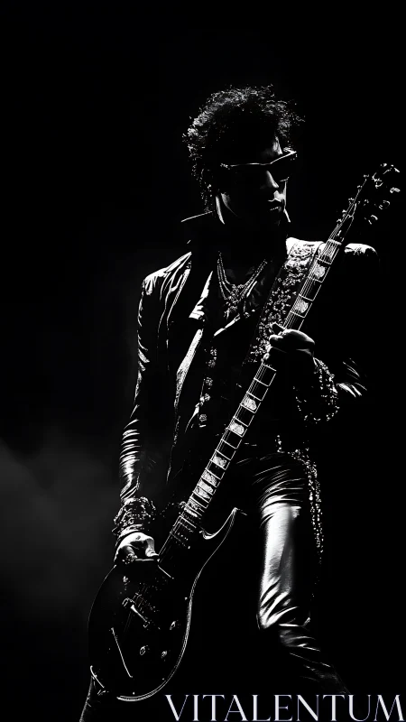 Electric guitarist silhouetted in dramatic stage spotlight.