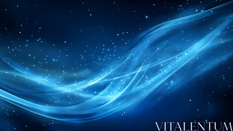 Abstract blue light waves with sparkling stars, digital art style.