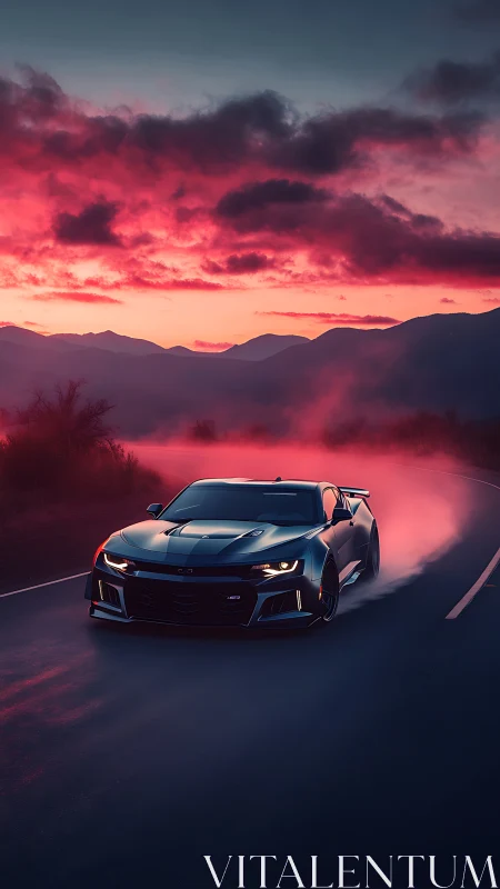 Midnight muscle car drifting through neon dusk haze.