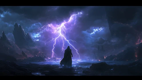 Cloaked figure confronts apocalyptic lightning over alien shore