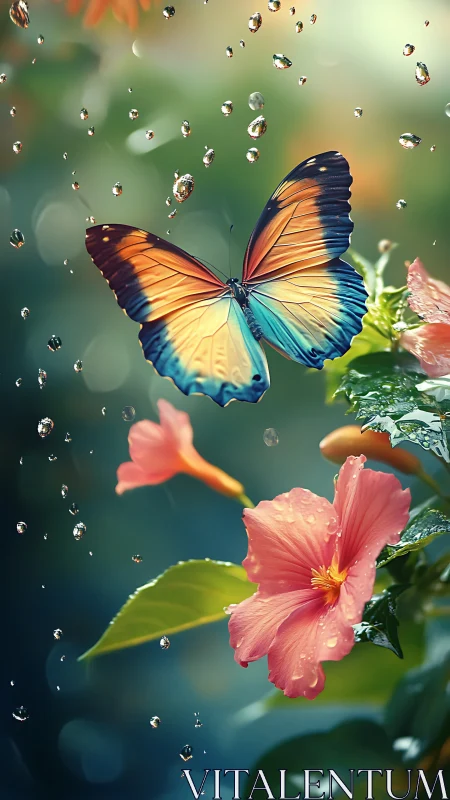 Butterfly above hibiscus flowers with suspended water drops.