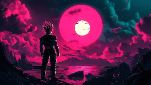 Saiyan warrior overlooking neon pink alien moonlit sea.
