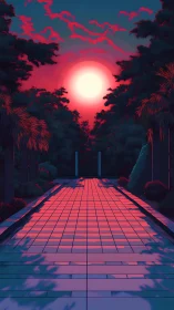 Tiled pathway leads toward central sun between dense trees