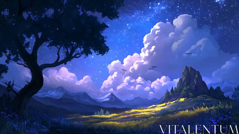 Landscape shows illuminated valley under starry twilight sky