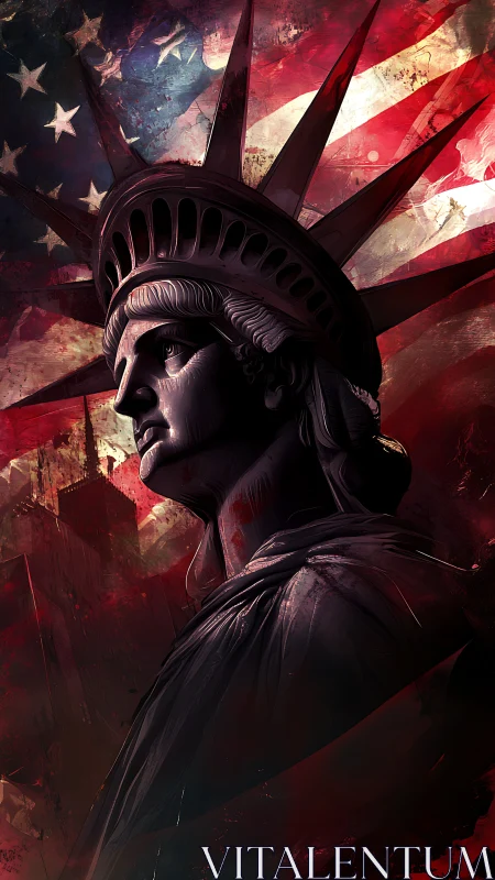 Digital painting of Statue of Liberty with dramatic flag backdrop.