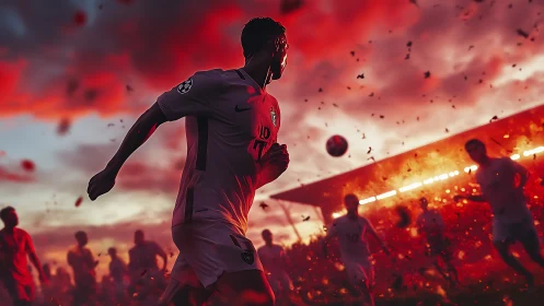 Stormlit striker charging through fiery stadium haze.