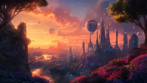 Futuristic river city under vivid alien sunset sky.