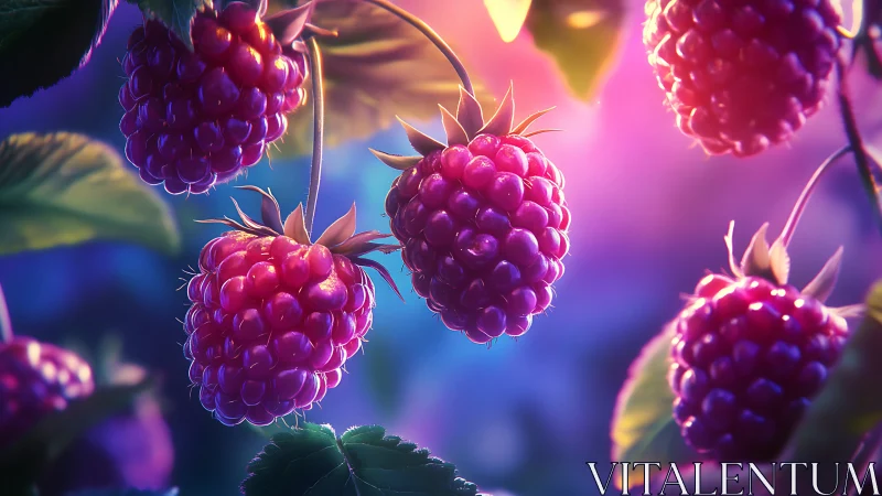 Rendered raspberry cluster is illuminated by colored backlight
