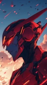 Red cybernetic sentry in profile under burning twilight sky.