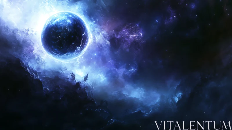 Midnight planet adrift in electric blue nebula veils.